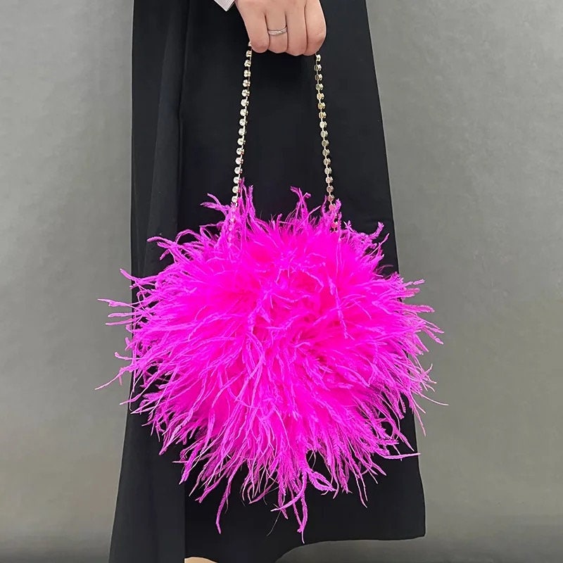 Fluffy Evening Crossbody Ostrich Feather Bags for Women Luxury Brand Purse Handle Handbag Chain Clutch