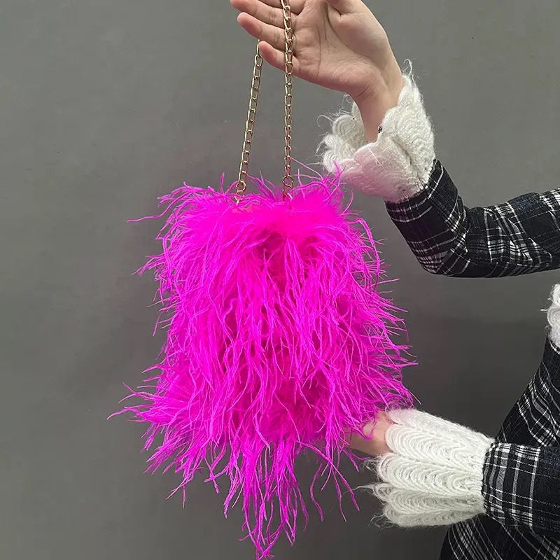 Fluffy Evening Crossbody Ostrich Feather Bags for Women Luxury Brand Purse Handle Handbag Chain Clutch