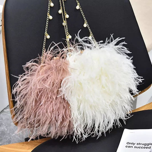 Luxury Women Ostrich Feather Evening Bags Female Party Wedding Dress Shoulder Clutch Fairy Pearl Chain Handbag Purses