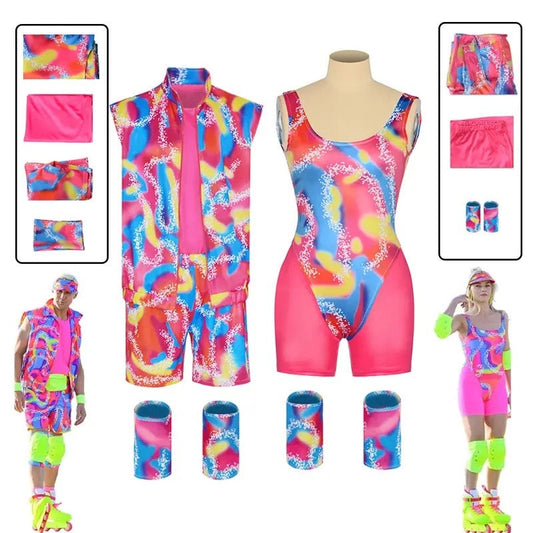 Movie Ken Ryan Gosling Barbie Cosplay Costume Stripe Pink Shirt and Shorts Set for Men Women Beach Wear Set Adult Costume