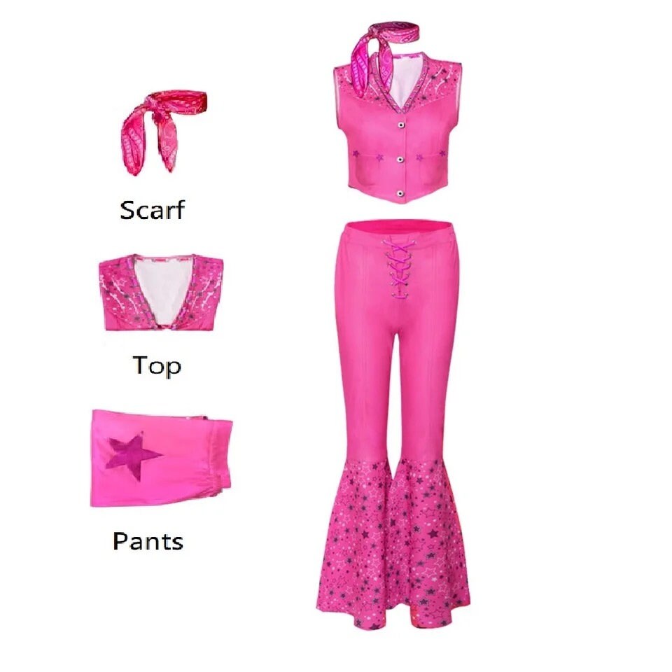 Movie Margot Robbie's Barbie Costume Hot Starry Pink Top and Pants Barbie Set for Women Ladies Halloween Costume