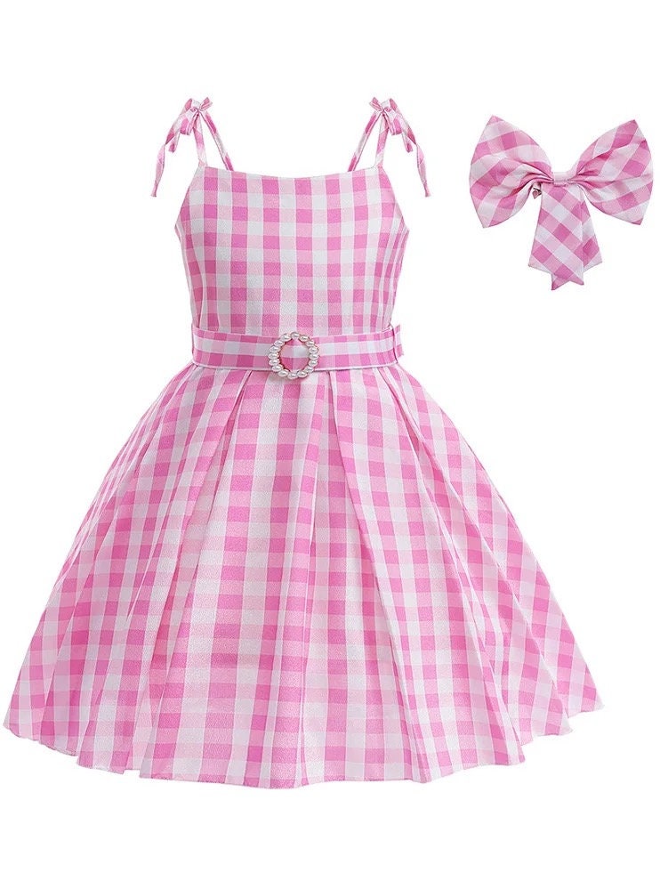 Hot Movie Costume For Kids Girls Cosplay Pink Plaid Dress Halloween Pink Girl Dress Up Carnival Party Clothes With Hat For 2-10T