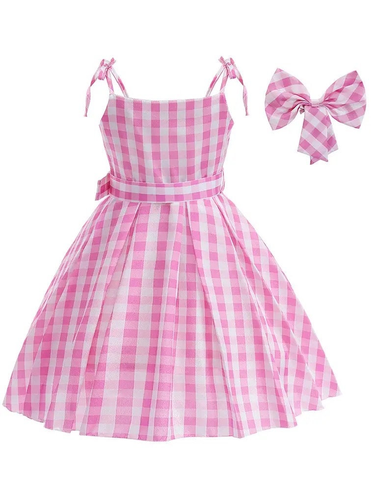 Hot Movie Costume For Kids Girls Cosplay Pink Plaid Dress Halloween Pink Girl Dress Up Carnival Party Clothes With Hat For 2-10T