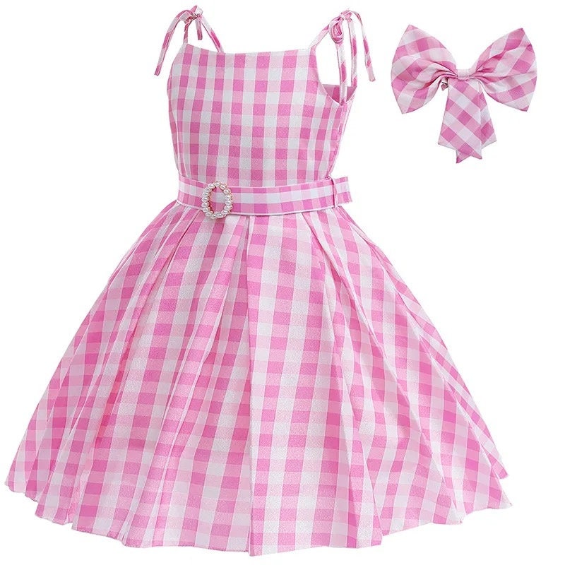 Hot Movie Costume For Kids Girls Cosplay Pink Plaid Dress Halloween Pink Girl Dress Up Carnival Party Clothes With Hat For 2-10T