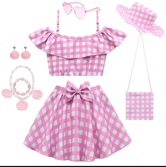 Hot Movie Costume For Kids Girls Cosplay Pink Plaid Dress Halloween Pink Girl Dress Up Carnival Party Clothes With Hat For 2-10T