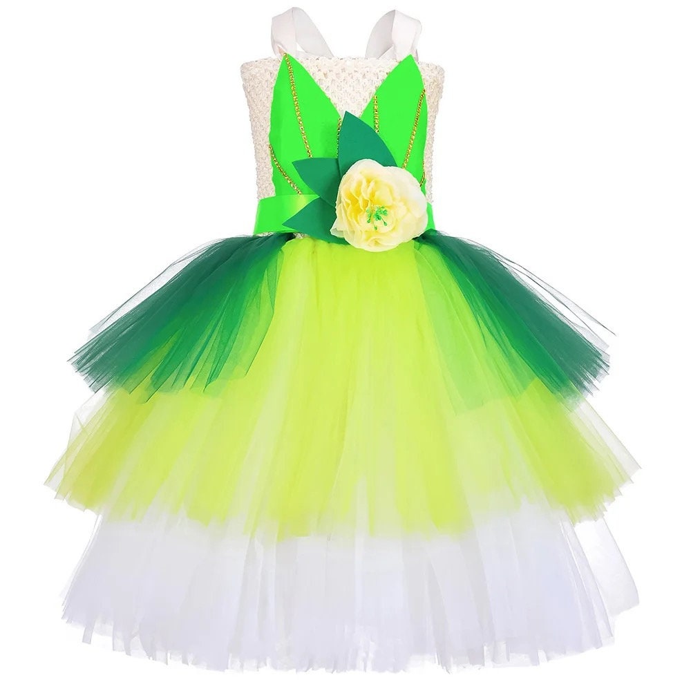Disney Tiana Princess Dresses for Girls Frog Tinker Bell Fairy Costumes Kids Halloween Tutus Outfit 3 Layered Party Ball Gown