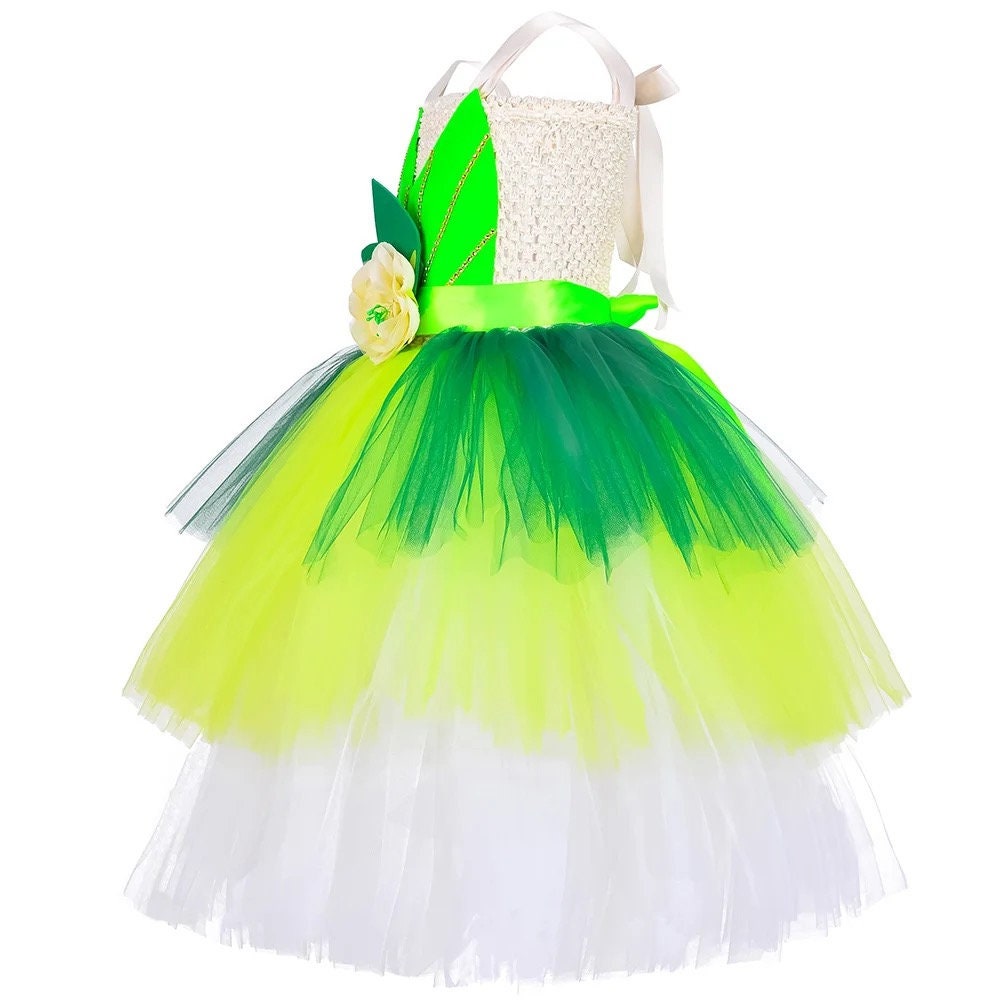 Disney Tiana Princess Dresses for Girls Frog Tinker Bell Fairy Costumes Kids Halloween Tutus Outfit 3 Layered Party Ball Gown