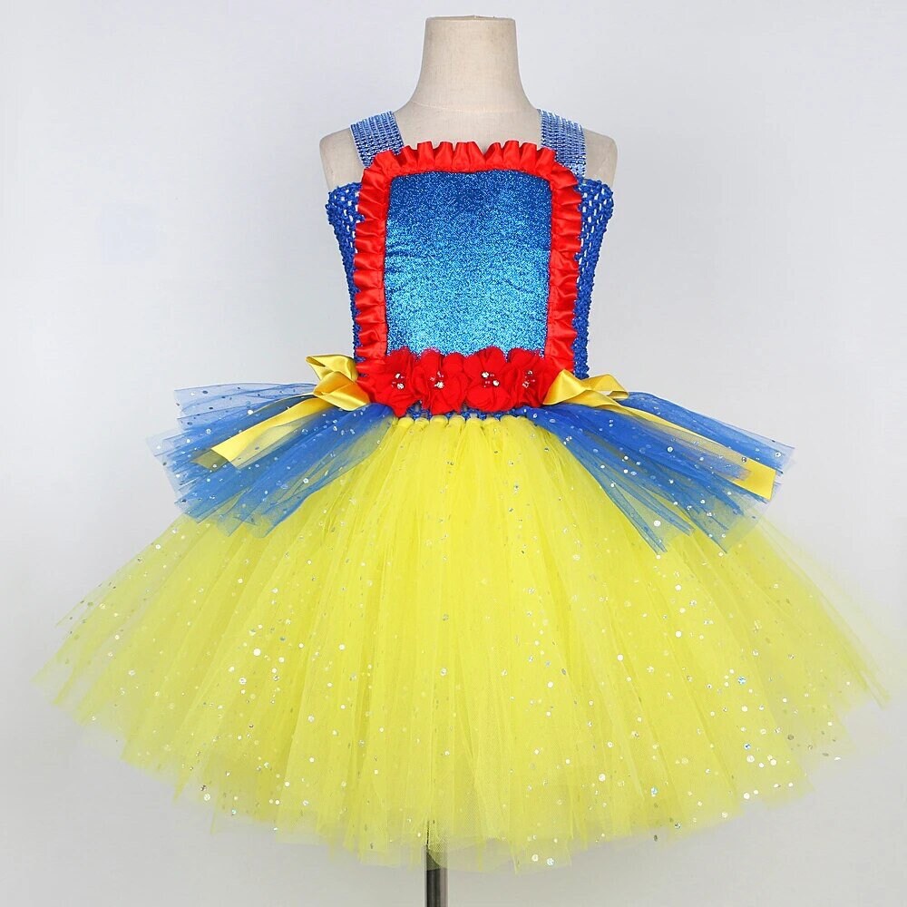 Disney Sparkly Snow White Princess Dresses for Girls Christmas Halloween Twinkle Costumes for Kids Birthday Party Tutus Outfit