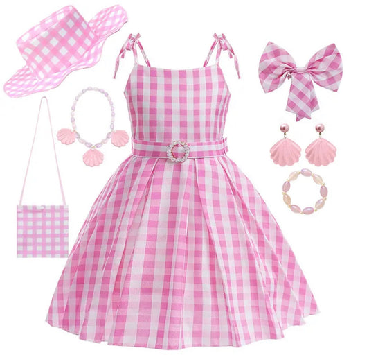 Hot Movie Costume For Kids Girls Cosplay Pink Plaid Dress Halloween Pink Girl Dress Up Carnival Party Clothes With Hat For 2-10T