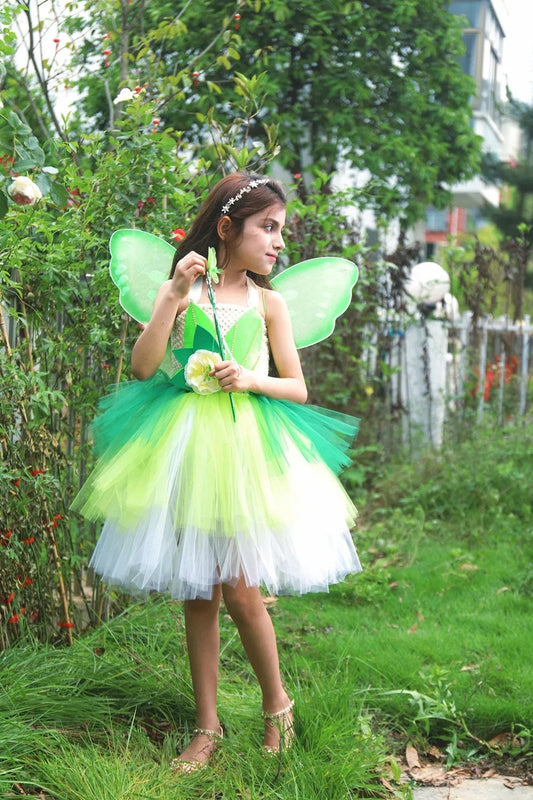 Disney Tiana Princess Dresses for Girls Frog Tinker Bell Fairy Costumes Kids Halloween Tutus Outfit 3 Layered Party Ball Gown