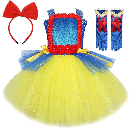 Disney Sparkly Snow White Princess Dresses for Girls Christmas Halloween Twinkle Costumes for Kids Birthday Party Tutus Outfit