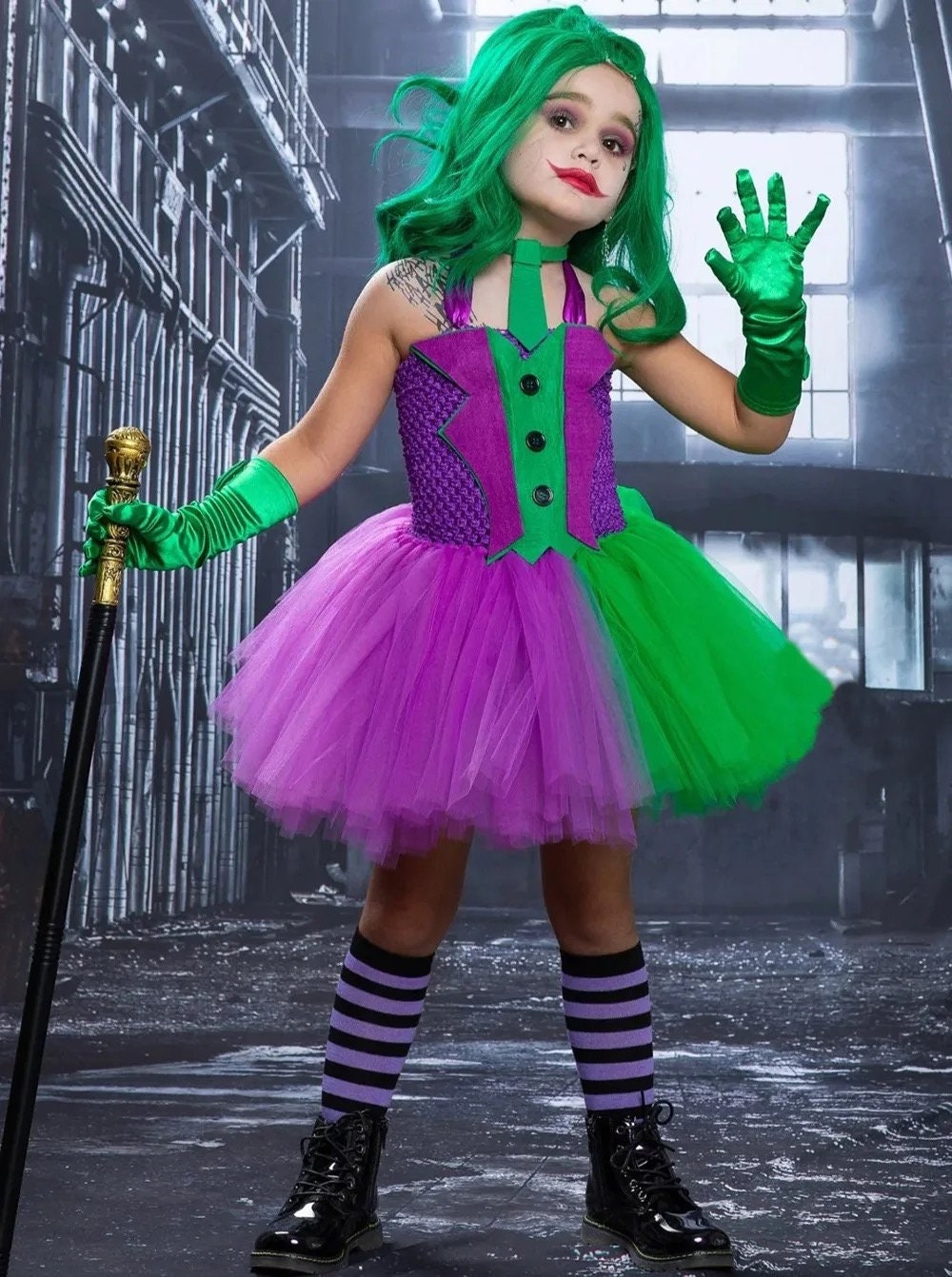 Fleck Clown Halloween Costumes for Girls Purple Green Joker Cosplay Dresses for Kids Carnival Party Outfits Children Anime Tutus