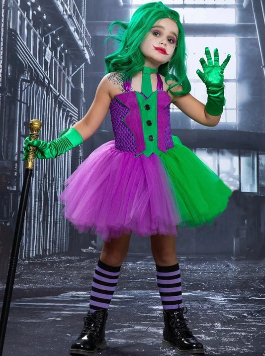 Fleck Clown Halloween Costumes for Girls Purple Green Joker Cosplay Dresses for Kids Carnival Party Outfits Children Anime Tutus