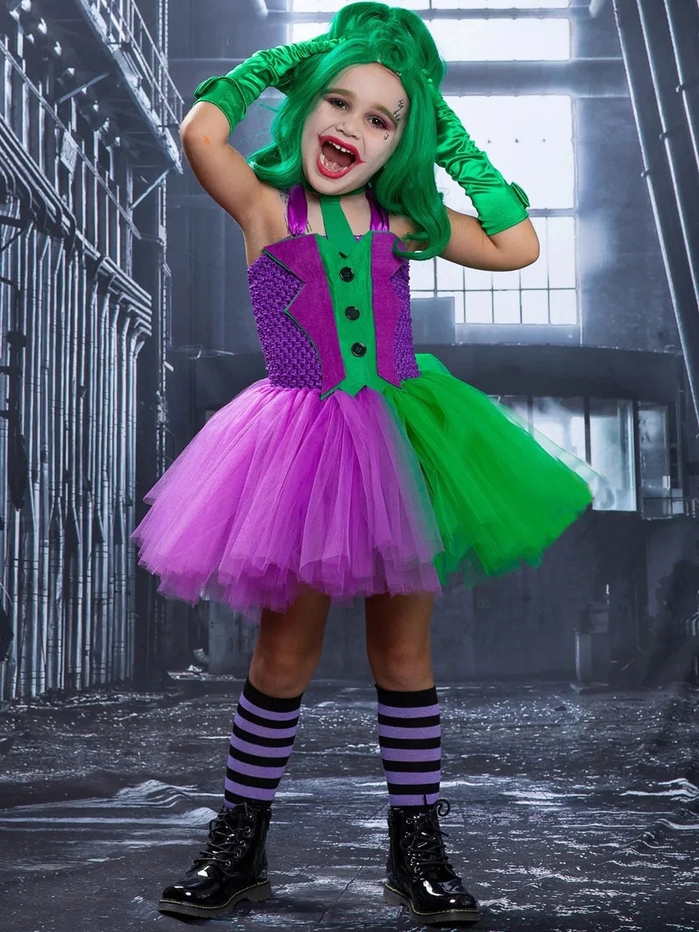 Fleck Clown Halloween Costumes for Girls Purple Green Joker Cosplay Dresses for Kids Carnival Party Outfits Children Anime Tutus