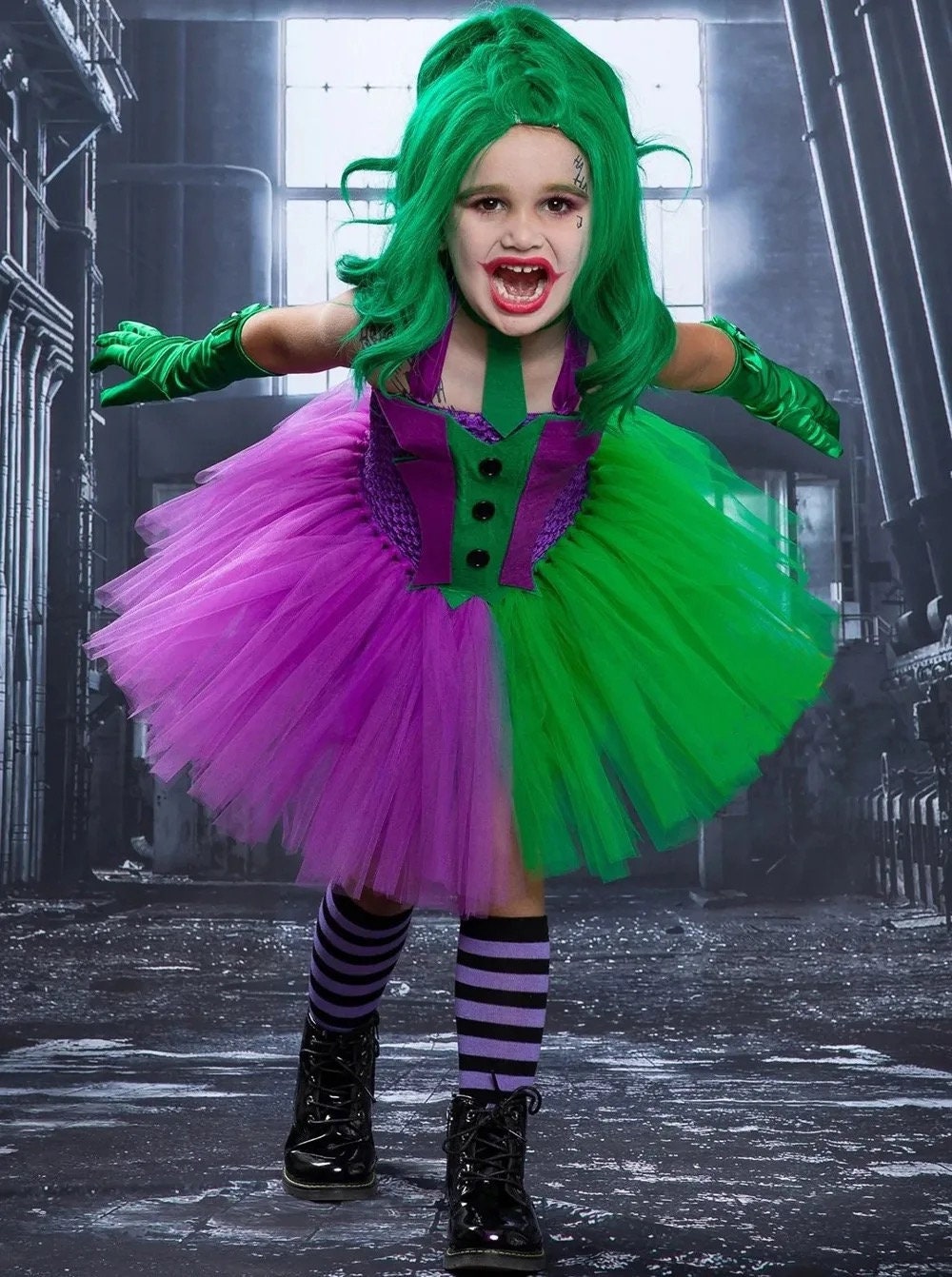 Fleck Clown Halloween Costumes for Girls Purple Green Joker Cosplay Dresses for Kids Carnival Party Outfits Children Anime Tutus