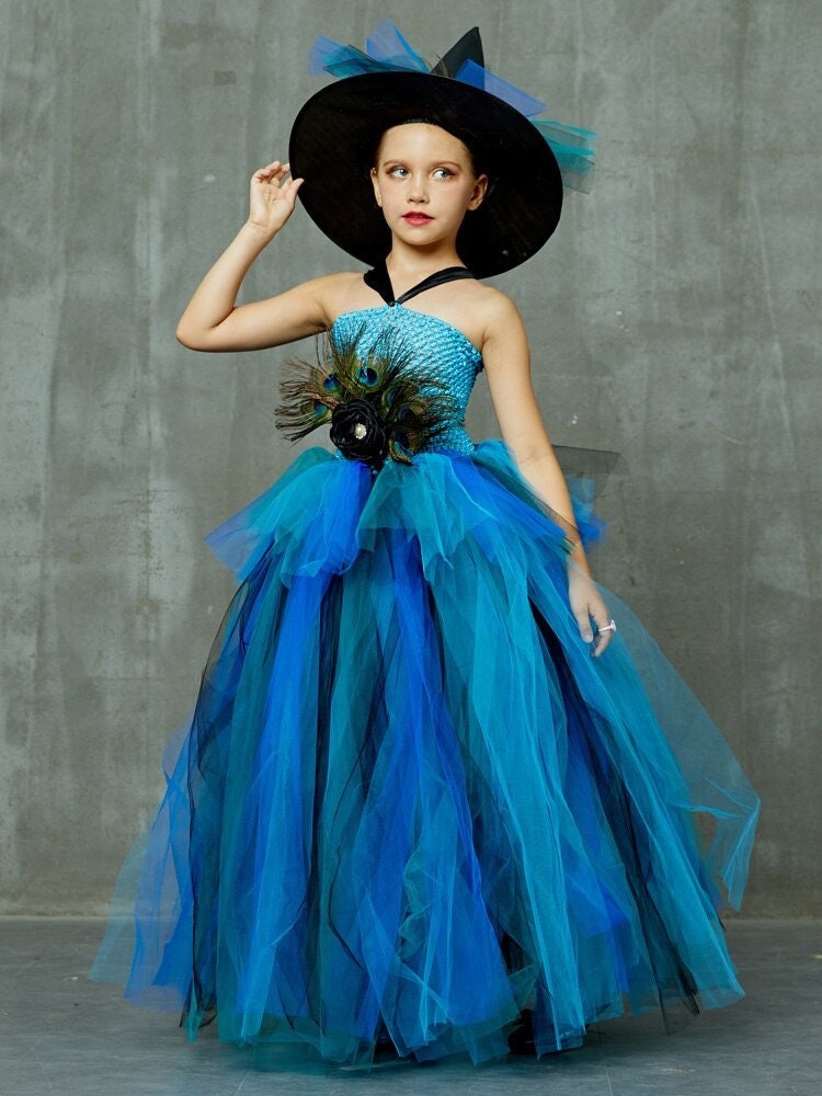 Elegant Peacock Feather Costume Girls Fluffy Layered Peacock Tutu Dress with Witch Hat Kids Pageant Party Ball Gowns Dresses