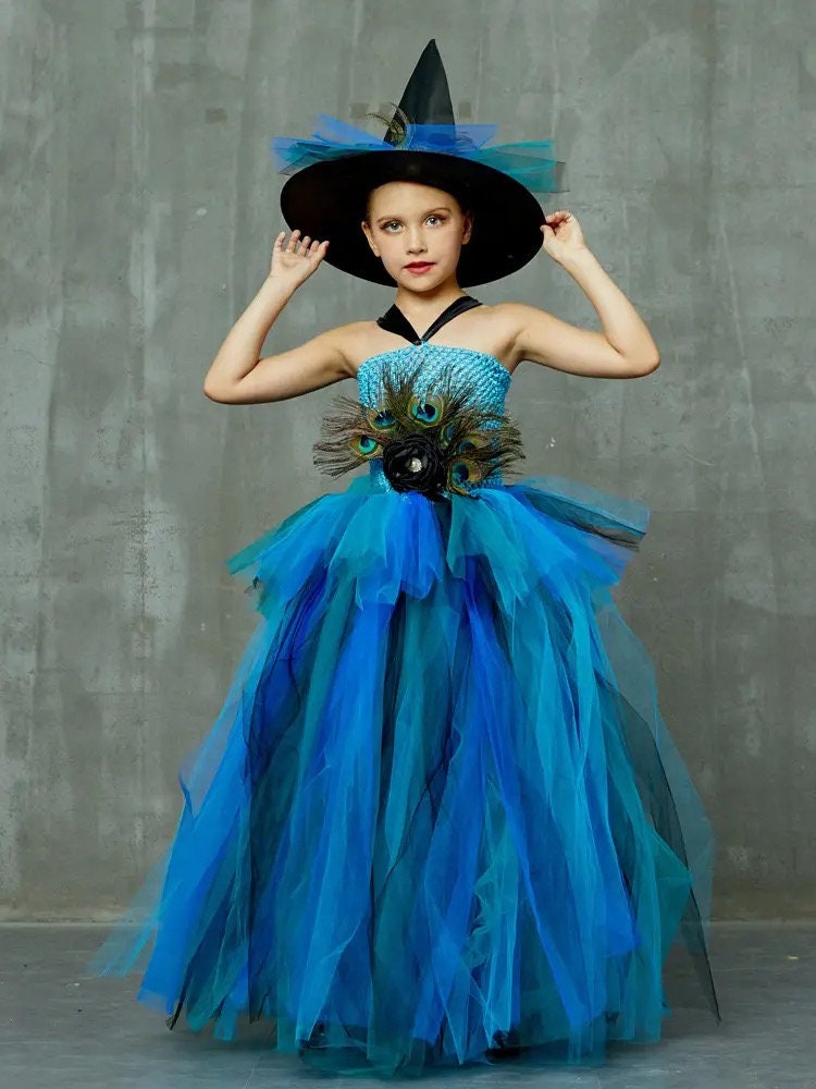 Elegant Peacock Feather Costume Girls Fluffy Layered Peacock Tutu Dress with Witch Hat Kids Pageant Party Ball Gowns Dresses