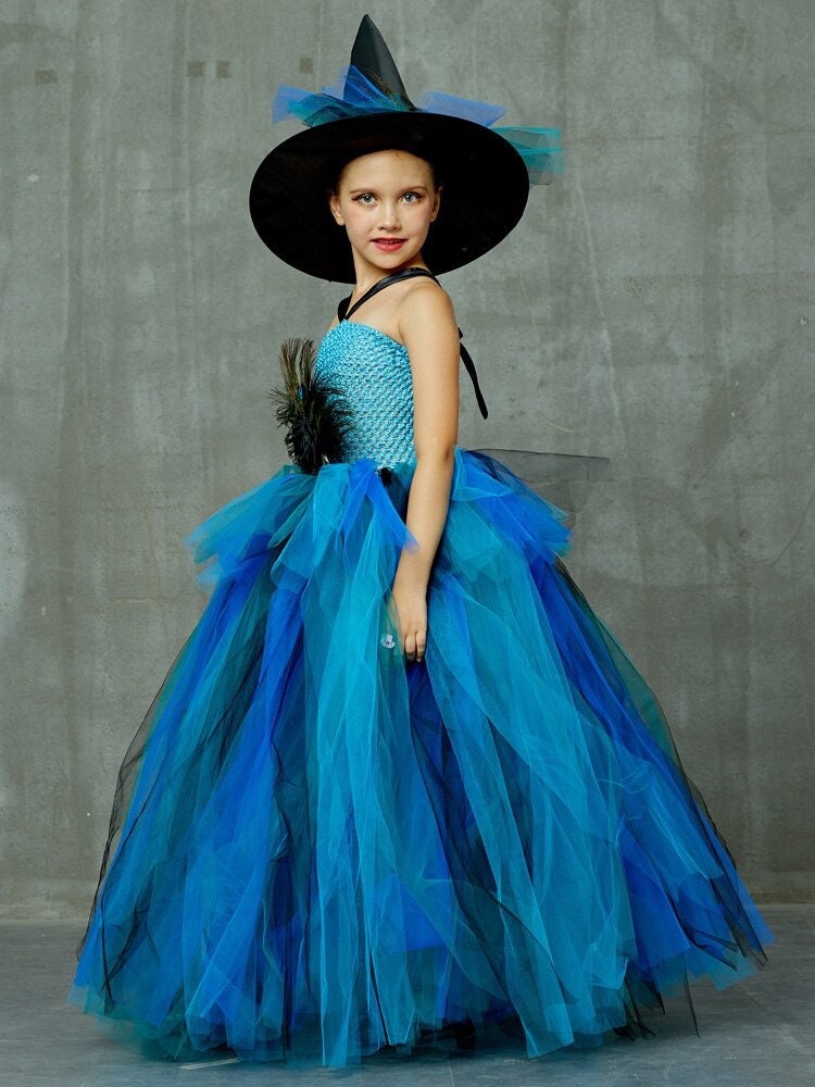 Elegant Peacock Feather Costume Girls Fluffy Layered Peacock Tutu Dress with Witch Hat Kids Pageant Party Ball Gowns Dresses