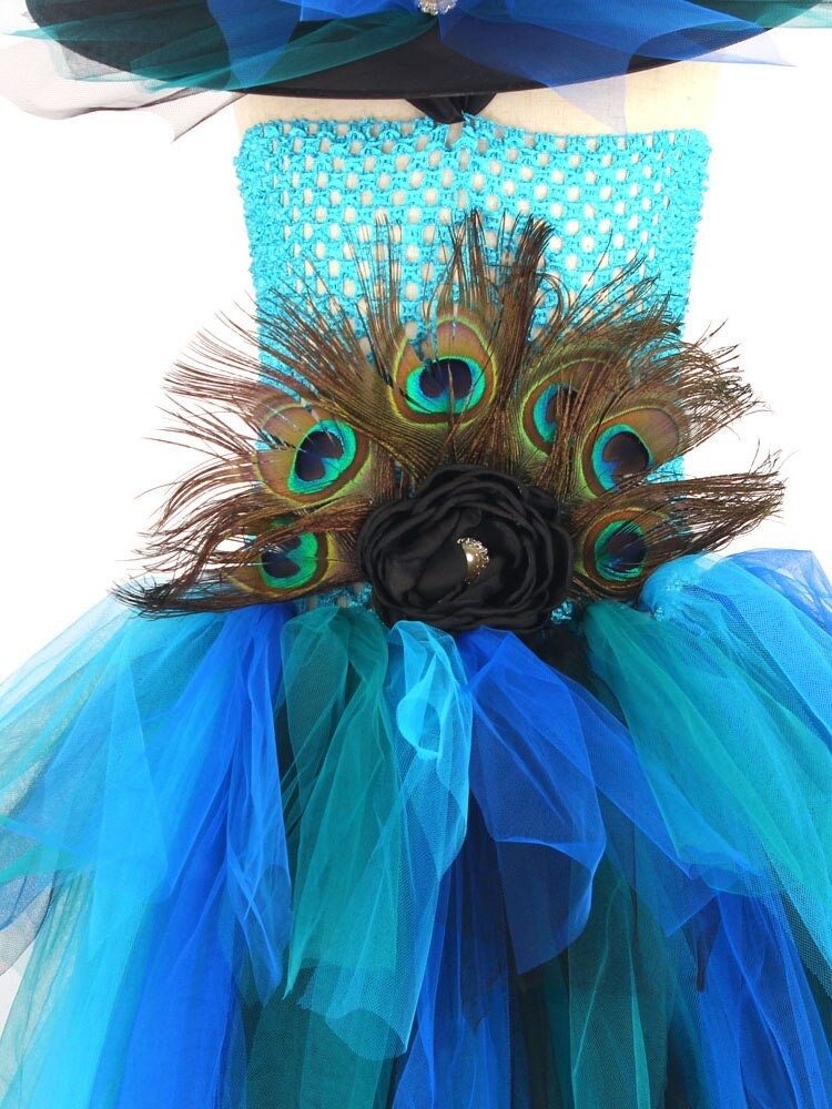 Elegant Peacock Feather Costume Girls Fluffy Layered Peacock Tutu Dress with Witch Hat Kids Pageant Party Ball Gowns Dresses