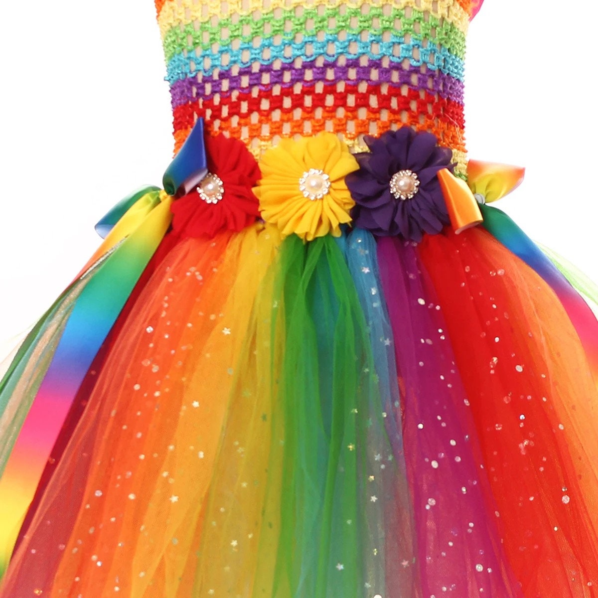 Sparkly Rainbow Fairy Tutu Dress with Wings Wand for Girls Flower Birthday Party Halloween Costume Kids Princess Fancy Dresses