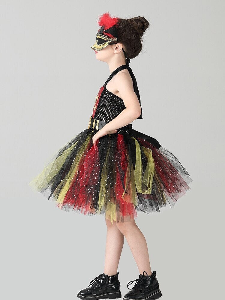 Girls Pirate Tutu Dress Costume Black Red & Gold Glitter Kids Deluxe Pirate Masquerade Halloween Role play Party Tutu Clothes