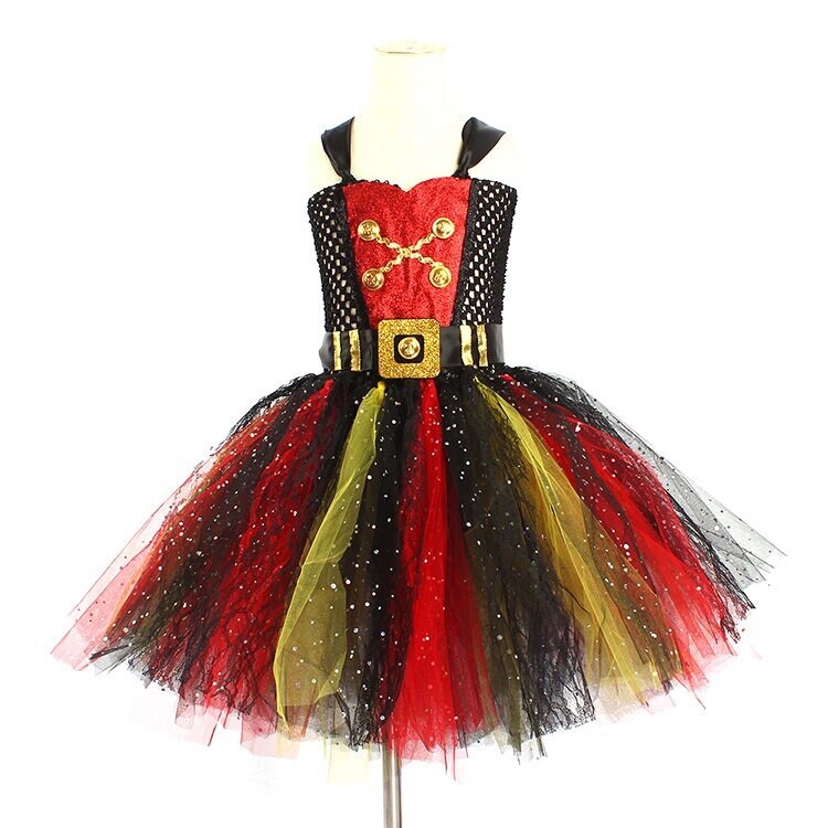 Girls Pirate Tutu Dress Costume Black Red & Gold Glitter Kids Deluxe Pirate Masquerade Halloween Role play Party Tutu Clothes