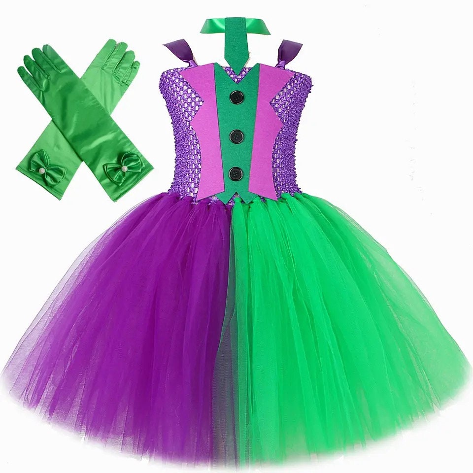 Fleck Clown Halloween Costumes for Girls Purple Green Joker Cosplay Dresses for Kids Carnival Party Outfits Children Anime Tutus