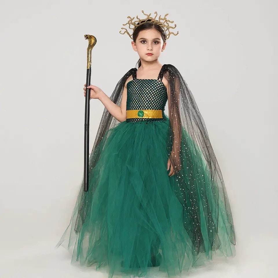 Halloween Girls Cosplay Costume Carnival Party Ancient Greek Snake-haired Banshee Cos Costume Dark Green Mesh Dress