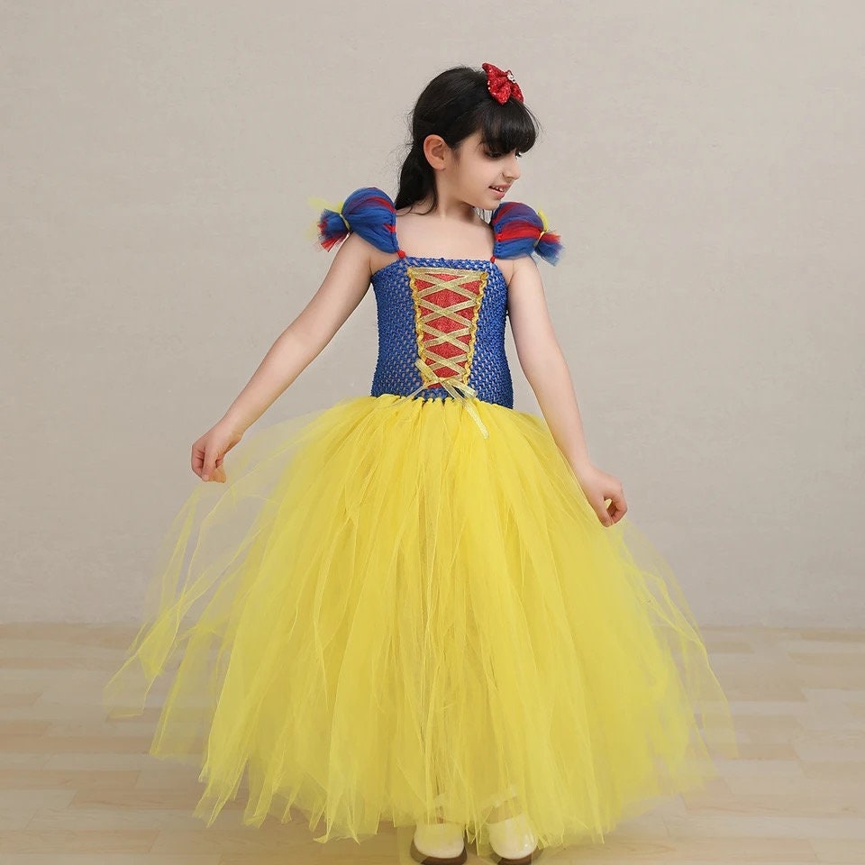 Snow White Princess Gown Tutu Dress with Bow Girls Carnival Halloween Costume for Kids Birthday Party Outfit Cosplay Dress Up