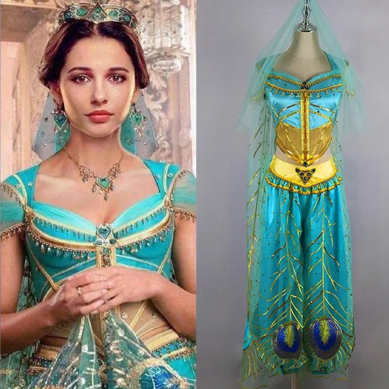Adult Aladdin Magic Lamp Jasmine Princess Dress Cosplay Costume Adult Women Halloween Costume Embroidery Dance Dress