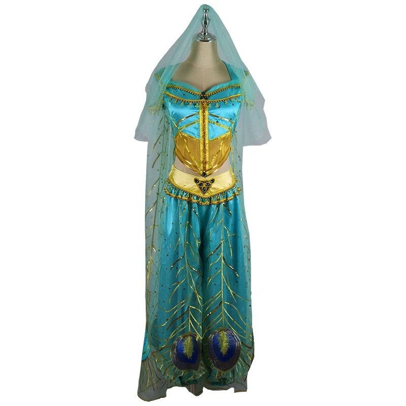 Adult Aladdin Magic Lamp Jasmine Princess Dress Cosplay Costume Adult Women Halloween Costume Embroidery Dance Dress
