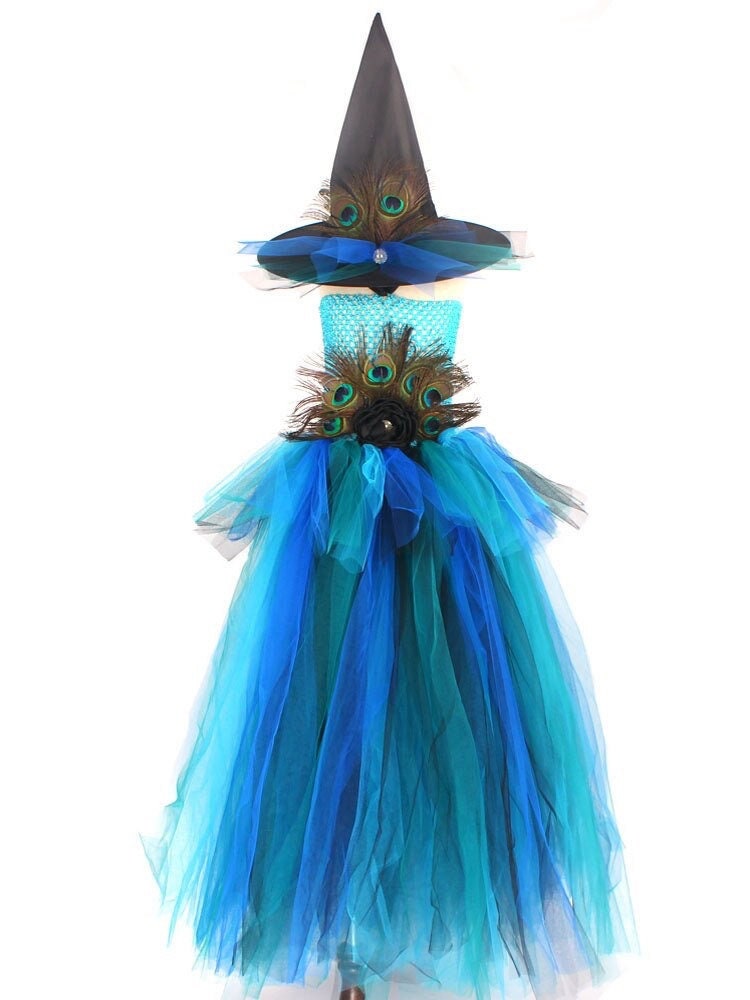 Elegant Peacock Feather Costume Girls Fluffy Layered Peacock Tutu Dress with Witch Hat Kids Pageant Party Ball Gowns Dresses