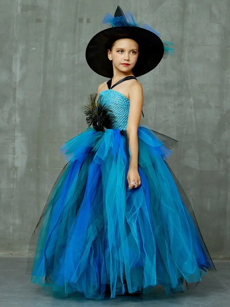 Elegant Peacock Feather Costume Girls Fluffy Layered Peacock Tutu Dress with Witch Hat Kids Pageant Party Ball Gowns Dresses