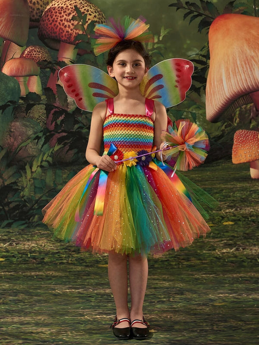 Sparkly Rainbow Fairy Tutu Dress with Wings Wand for Girls Flower Birthday Party Halloween Costume Kids Princess Fancy Dresses