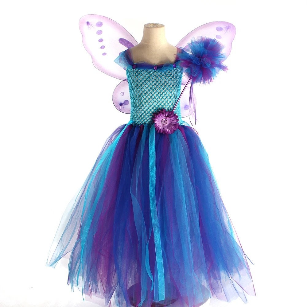 Peacock Fairy Girls Tutu Dress Matching Wand Wings Kids Birthday Party Purim Pageant Costume Fancy Princess Children Ball Gown