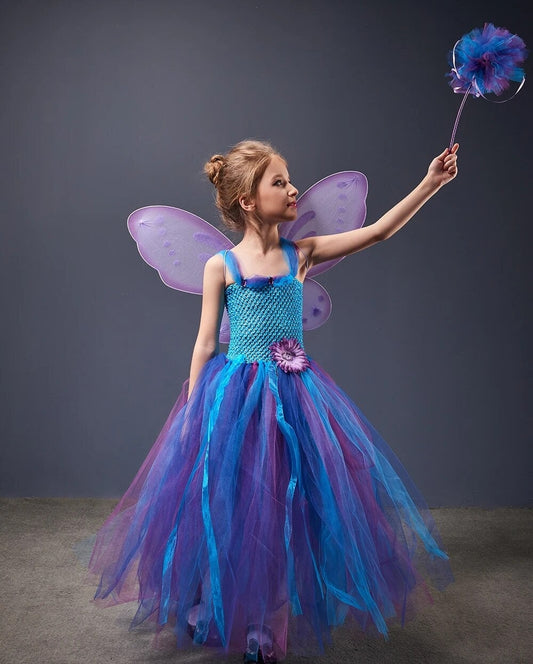 Peacock Fairy Girls Tutu Dress Matching Wand Wings Kids Birthday Party Purim Pageant Costume Fancy Princess Children Ball Gown