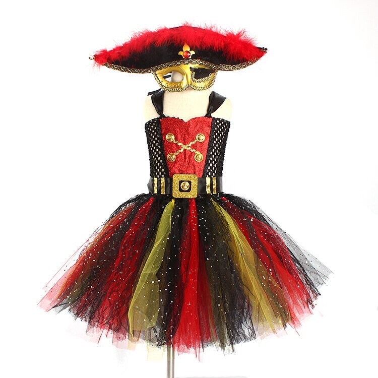 Girls Pirate Tutu Dress Costume Black Red & Gold Glitter Kids Deluxe Pirate Masquerade Halloween Role play Party Tutu Clothes