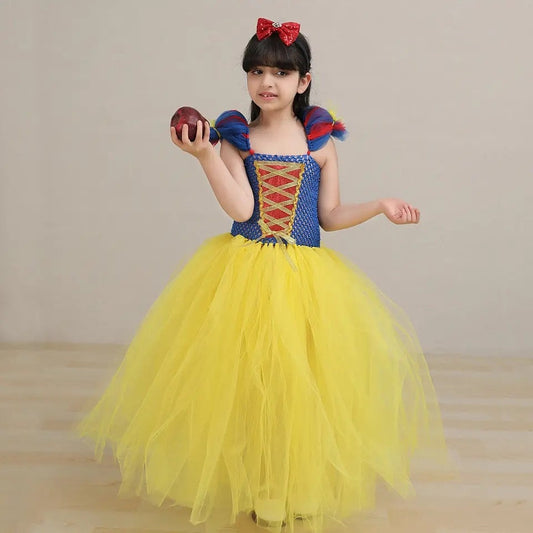 Snow White Princess Gown Tutu Dress with Bow Girls Carnival Halloween Costume for Kids Birthday Party Outfit Cosplay Dress Up