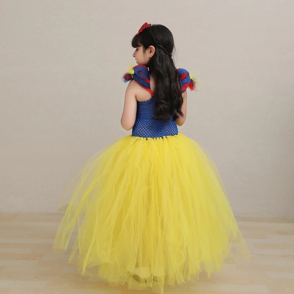 Snow White Princess Gown Tutu Dress with Bow Girls Carnival Halloween Costume for Kids Birthday Party Outfit Cosplay Dress Up