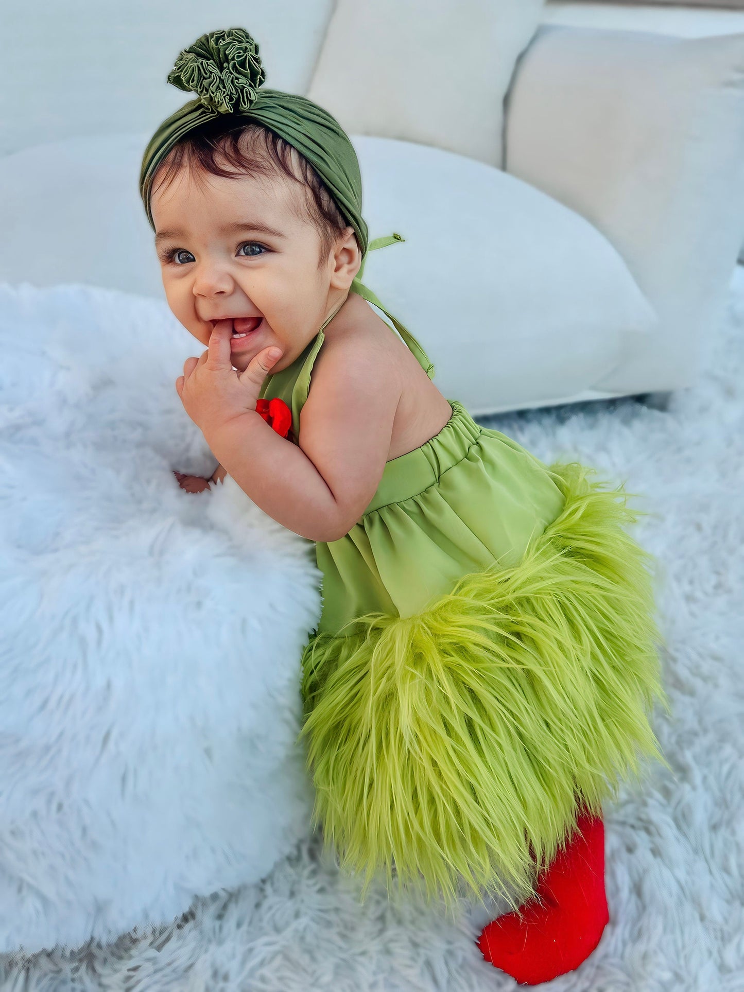 Baby Girls Grinchmas Baby Girl 2Pcs Faux Fur Tulle Christmas Halter Dress