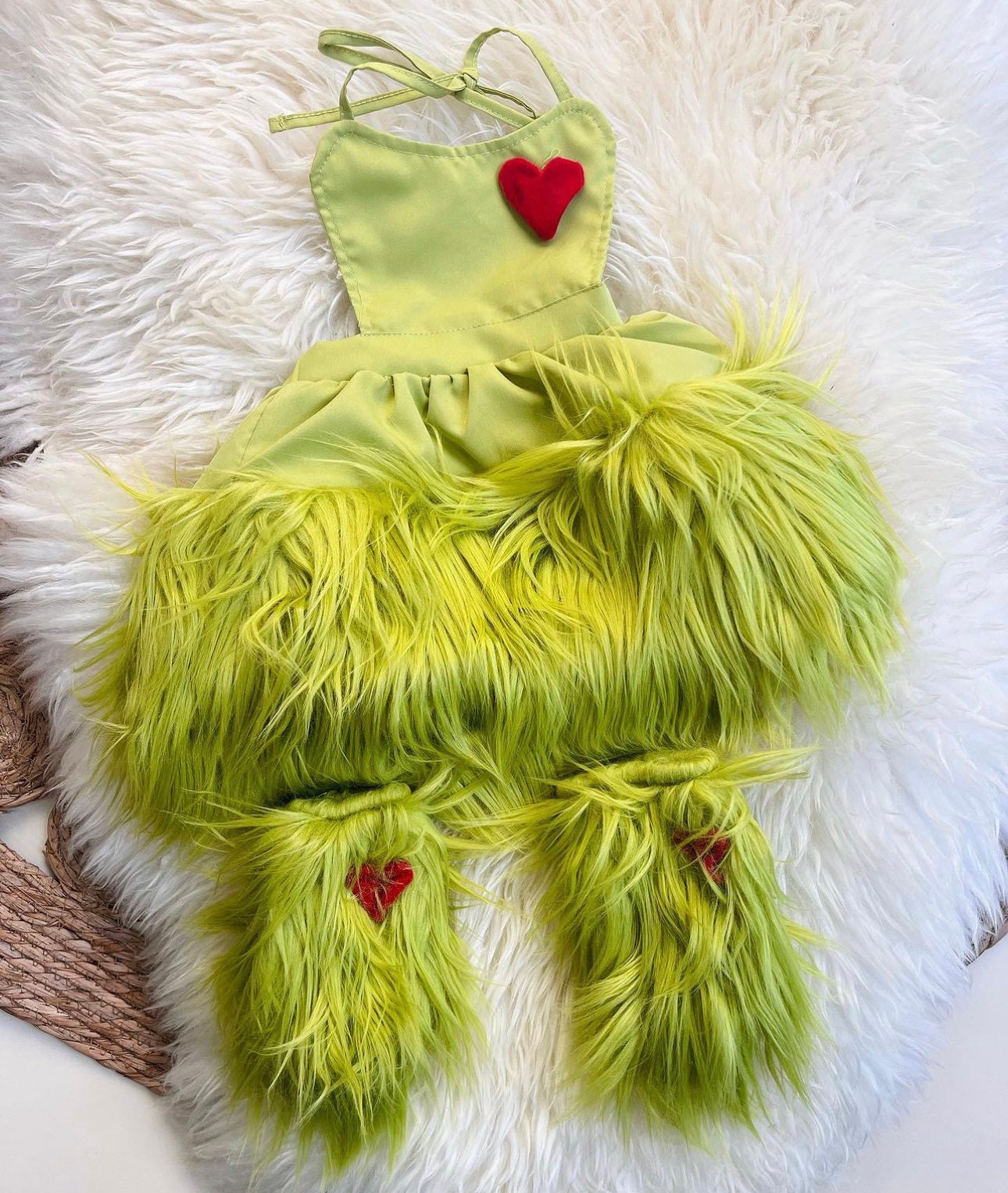 Baby Girls Grinchmas Baby Girl 2Pcs Faux Fur Tulle Christmas Halter Dress